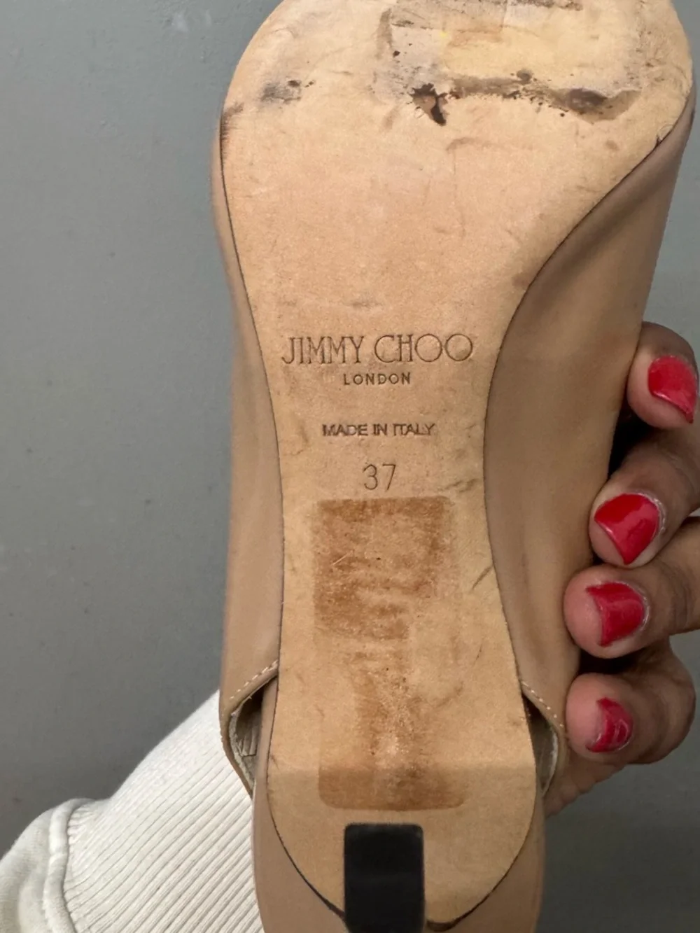 Jimmy Choo Nude Suede Shar Peep Toe Slingback Pumps Womens Size 37 EU Luxe